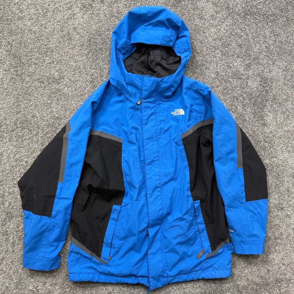 The North Face Boys HyVent Rain Jacket Blue Black Hooded Shell Size L 14/16